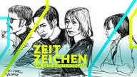 Baader-Meinhof-Prozess: Die Bleistiftzeichnung eines Gerichtszeichners zeigt die Angeklagten Jan-Carl Raspe, Andreas Baader, Gudrun Ensslin und Ulrike Meinhof im Gerichtssaal.