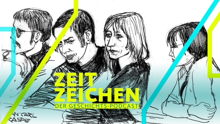 Baader-Meinhof-Prozess: Die Bleistiftzeichnung eines Gerichtszeichners zeigt die Angeklagten Jan-Carl Raspe, Andreas Baader, Gudrun Ensslin und Ulrike Meinhof im Gerichtssaal.