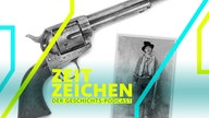 Ein historischer Revolver liegt neben dem Bild von Billy the Kid