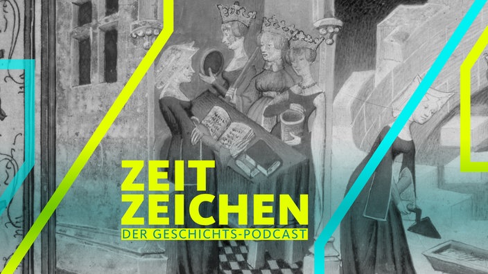 Die Tugenden Prudentia, Justitia und Rectitudine inspirieren Christine de Pizan zur Niederschrift vo "Das buch von der Stadt der Frauen" (Buchmalerei aus dem 15. Jahrhundert)