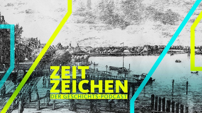 Der alte Jungfernstieg, nach F. W. Skerl ( kolorierter Stich von C.G. Morasch ), gez. von Marie Zacharias . Illustration aus der Festschrift ( Festblatt ) zur Errichtung des Lessing Denkmals am 8. September 1881 auf dem Gänsemarkt in Hamburg