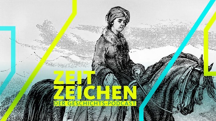 Die britische Abenteurerin Lady Hester Stanhope auf einem Pferd, Reproduktion eines Holzschnitts