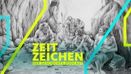Eine Gruppe von Neandertalern in einer Wohnhöhle (Zeichnung von 2001)