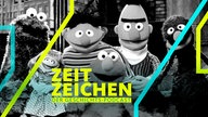 Die Sesamstraße-Figuren Cookie Monster, Ernie, Elmo, Bert und Grover (1969)