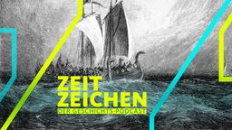 Ein Wikinger-Schiff auf dem Meer. Colorierter Holzschnitt, 19. Jahrhundert