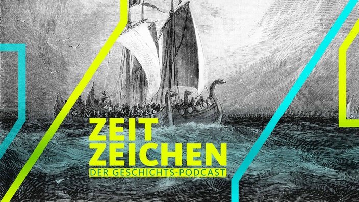 Ein Wikinger-Schiff auf dem Meer. Colorierter Holzschnitt, 19. Jahrhundert