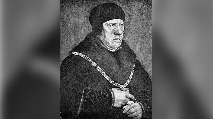 Ein Gemälde aus dem 19. Jahrhundert zeigt einen Mann in kostbarer Kleidung mit schwarzer Kappe, er ist von fülliger Statur, sein Blick zur Seite ist ernst