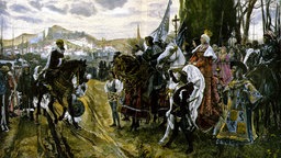 Übergabe des Stadtschlüssels: Eroberung Granadas am 2. Januar 1492 durch die katholischen Könige Ferdinand und Isabella nach zehnjährigem Krieg gegen die Mauren (Holzstich nach einem Gemälde von Francisco Pradilla y Ortiz)