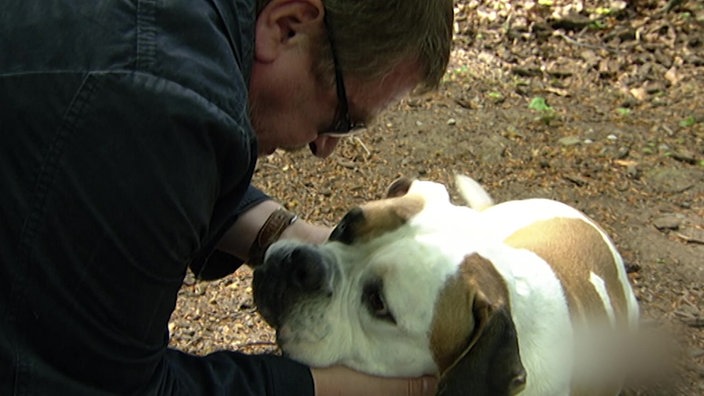 Armin Rohde streichelt seinen Hund Ike