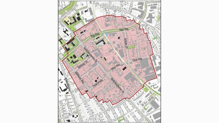 Ein Stadtplan von Soest, wo ein Teil rot markiert ist.