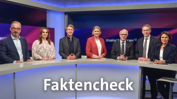 Sandra Maischberger und die Gäste der Sendung im Studio