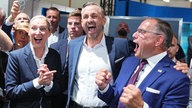 Die AfD-Politiker Alice Weidel (links), Ulrich Siegmund (Mitte) und Tino Chrupalla (rechts) am 06.09.2026 in Magdeburg.
