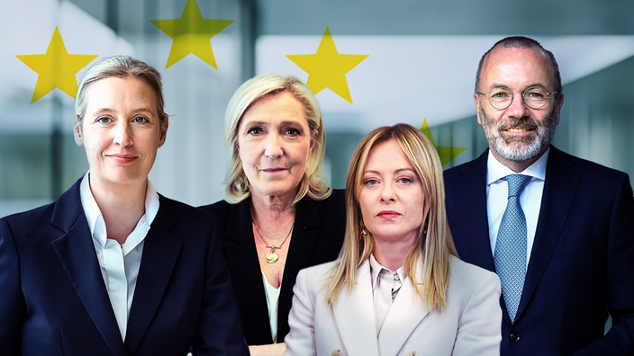 Alice Weidel, Marine Le Pen, Giorgia Meloni und Manfred Weber