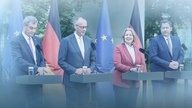 Söder, Merz, Bas und Klingbeil vor Deutschland und EU-Flagge