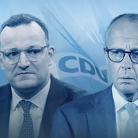 Spahn und Merz vor einer CDU-Flagge