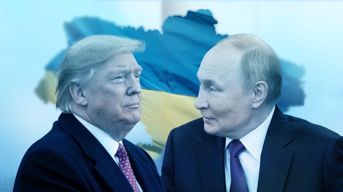 Wladimir Putin und Donald Trump vor der Ukraineflagge