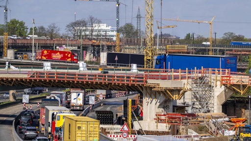 Bauarbeiten an Brücken und Stau auf der Autobahn am Autobahnkreuz Duisburg-Kaiserberg