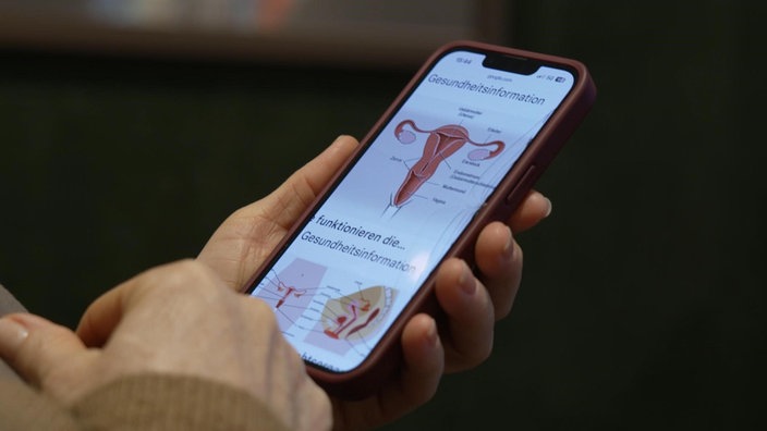 Eine Person hält ein Smartphone in der Hand und betrachtet darauf eine medizinische Grafik der weiblichen Geschlechtsorgane.