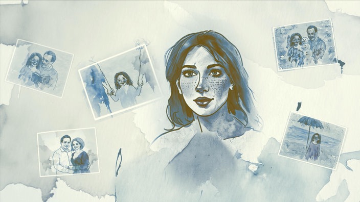Illustration einer gezeichneten Frau im Vordergrund, umgeben von mehreren gezeichneten Familienfotos, die Kindheitserinnerungen symbolisieren. 