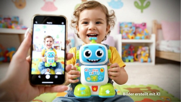 Foto eines Kleinkindes, mit KI erstellt. Das Kind zeigt ein Spielzeug und wird dabei von einem Smartphone gefilmt.