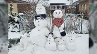 Eine Schneemannfamilie inklusive Hunde und Katzen.