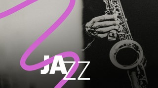 Hinter dem Schriftzug "Jazz" spielt eine Hand auf einem Saxofon