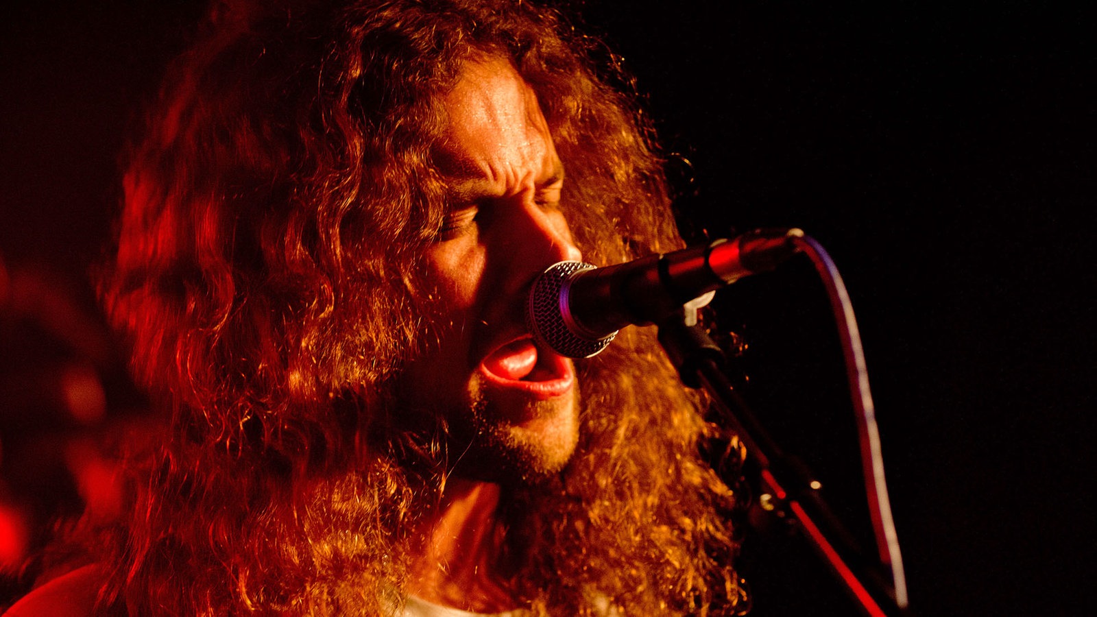 Der langhaarige Bassist singt mit geschlossenen Augen in das Mikrofon, welches rot angestrahlt wird.