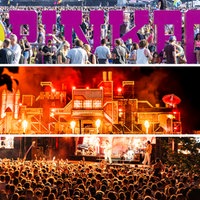 Das Bild zeigt eine Collage. Oben: Ein Schriftzug des Pinkpop-Festivals, der auf einer Wiese steht. Mitte und Unten: Eine Menschenmenge von hinten bei Nacht, die Richtung Bühne blickt.