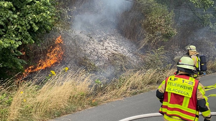Einsatzkräfte der Feuerwehr Gladbeck löschen einen Flächenbrand