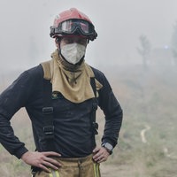 Ein Feuerwehrmann im Waldbrandgebiet