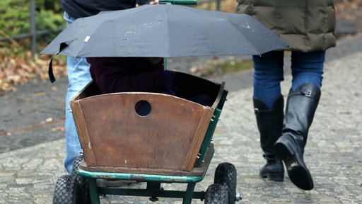 Ein Bollerwagen wird im Regen auf einer Straße gezogen. Über den Wagen ist ein Regenschirm gespannt.