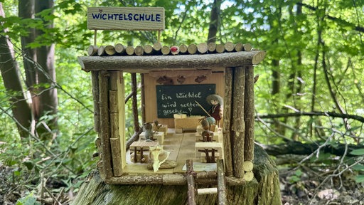 Ein kleines Wichtelhäuschen mit einem Schild "Wichtelschule"