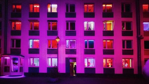 Sexarbeitende befinden sich hinter den Fenstern eines pink und rot erleuchteten Bordells.