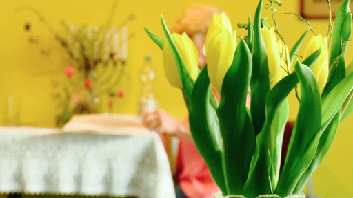 Eine ältere Frau sitzt an einem Küchentisch. Im Vordergrund stehen Tulpen, die ihr Gesicht verdecken.