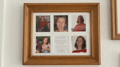 Fünf Bilder von Frauke Liebs hängen in einem Holzrahmen an der Wand
