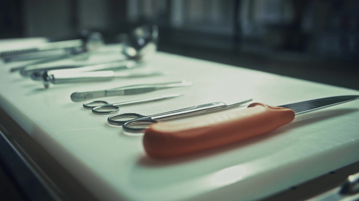 Auf einem weißen Tisch liegen mehrere Metallinstrumente, die zur Obduktion verwendelt werden, wie ein Messer oder kleine Scheren und Pinzetten.