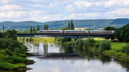 ICE fährt in grüner Landschaft über eine Brücke