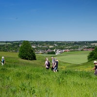 Gruppe wandert durch Felder