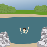 Die Grafik zeigt eine Person, die in einem Fluss in Not ist