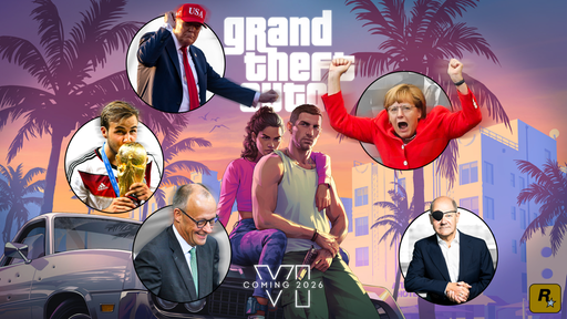 Auf einer Grafik sind Charaktere aus GTA VI, sowie Angela Merkel, Donald Trump, Mario Götze, Olaf Scholz und Friedrich Merz zu sehen