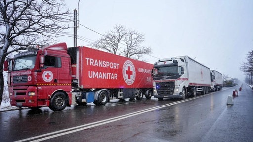 Mehrere Lkw vom Roten Kreuz mit Hilfsgütern für die Ukraine