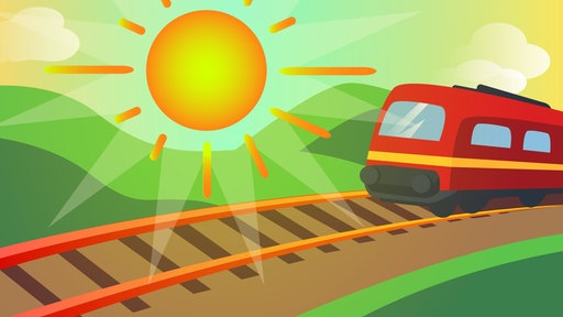 Die Grafik zeigt einen Zug in der Landschaft mit einer großen Sonne