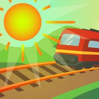 Die Grafik zeigt einen Zug in der Landschaft mit einer großen Sonne