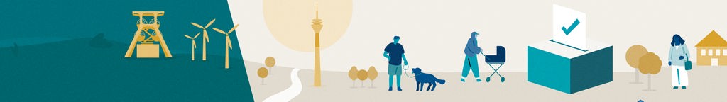 Illustration, die Menschen und bekannten Sehenswürdigkeiten von NRW zeigt. Eine große blaue Wahlurne steht rechts im Bild.
