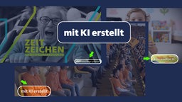 Montage Schriftzug "mit KI erstellt" mit Screenshots  Zeitzeichen, Frau TV, Maus Sachgeschichte "Torlinientechnik"