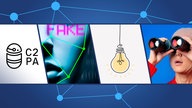 Montage: Logo C2PA, AI generierter Kopf mit Schriftzug "Fake", Logo "Was geht mich das an?", Screenshot der Anwendung Themeninspirator