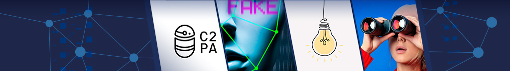 Montage: Logo C2PA, AI generierter Kopf mit Schriftzug "Fake", Logo "Was geht mich das an?", Screenshot der Anwendung Themeninspirator