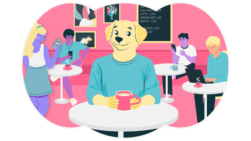 Ein Hund in Menschengestalt sitzt ohne Handy in einem Café. 