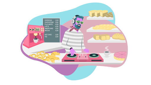 Das Bild zeigt eine Illustration einem DJ, der in einer Bäckerei auflegt.