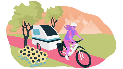 Das Bild zeigt eine Illustration von einer Frau, die mit einem E-Bike einen kleinen Wohnwagen durch eine Landschaft zieht.